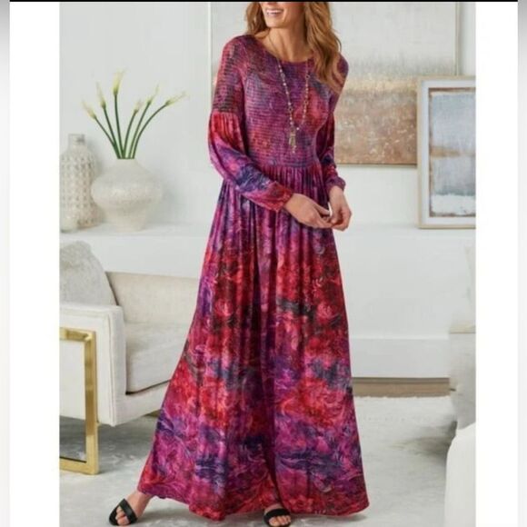 Soft Surroundings Beunissima Colorful floral Smocked long sleeved Maxi Sz large - Picture 1 of 10